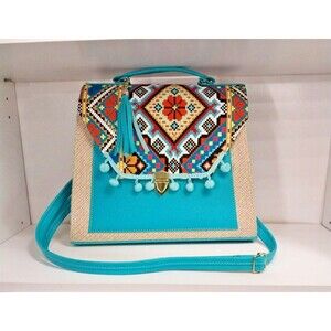 Handmade Mexican Textile Handbag Turquoise Southwestern Print EUC